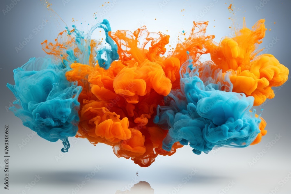 3d volumetric blue orange paint explosion in air or liquid water png isolated object - obrazy, fototapety, plakaty 