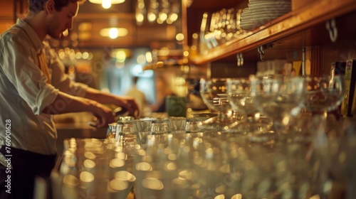 An attentive bartender is sorting glasses on a bar counter with a warm, cozy atmosphere in the background.