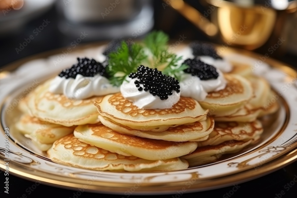 Delicious fluffy pancakes with an exquisite topping of black caviar for gourmet dining