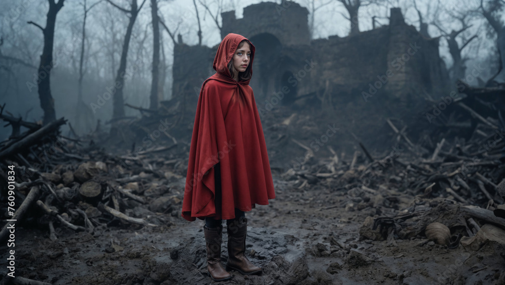 Young girl lost and alone in the woods near an old abandoned castle in ruins, standing with her boots in wet and muddy ground wearing a red hooded raincoat, eerie thick fog envelopes the forest. 