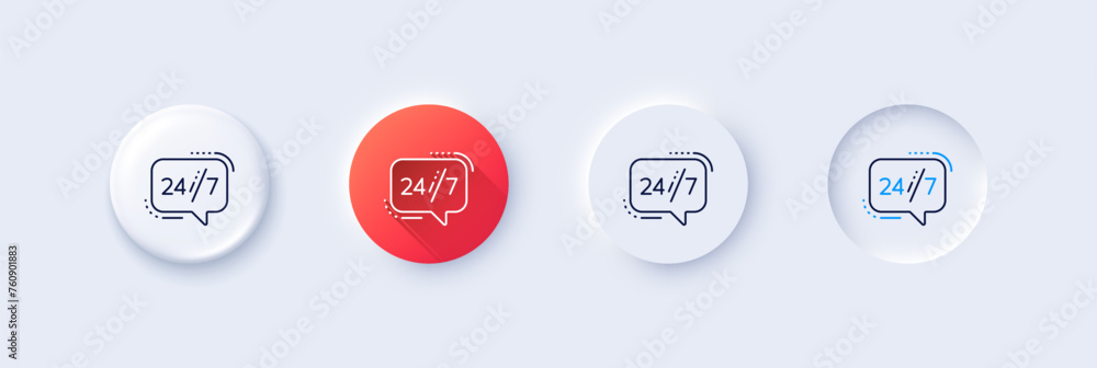 24 hours service line icon. Neumorphic, Red gradient, 3d pin buttons. Call support sign. Feedback chat symbol. Line icons. Neumorphic buttons with outline signs. Vector 24 hours service line icon. Neumorphic, Red gradient, 3d pin buttons. Call support sign. Feedback chat symbol. Line icons. Neumorphic buttons with outline signs. Vector