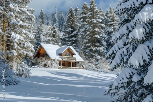 Snowy mountain cabin nestled among pine trees Offering a cozy retreat and winter wonderland for holiday vacations or snowy landscape photography.