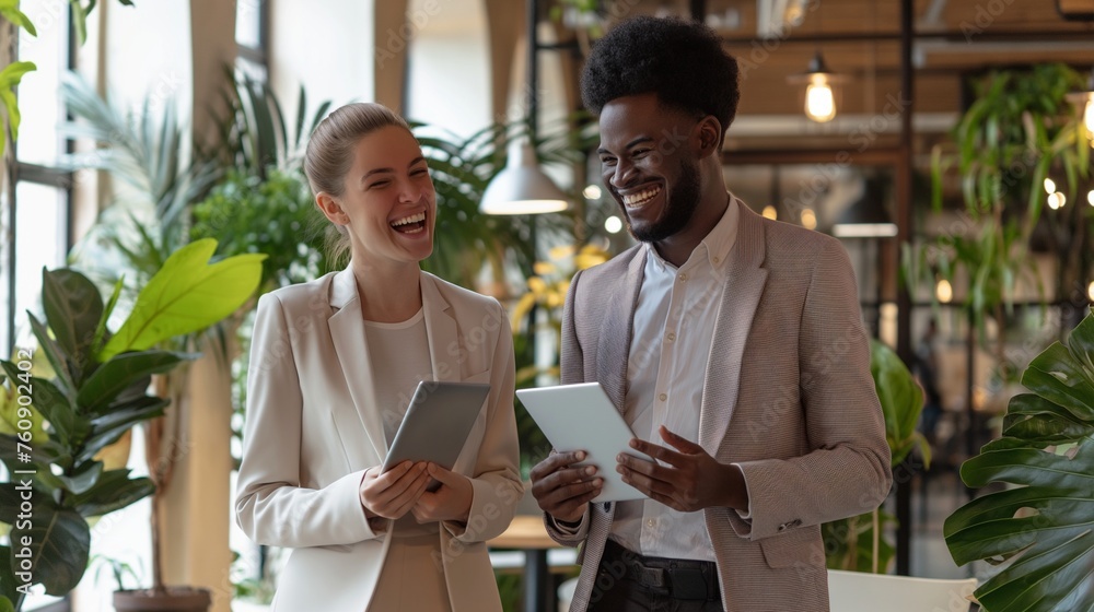 A cheerful moment as two business professionals, one girl and one boy, share a laugh while standing in the office, each holding a digital tablet.