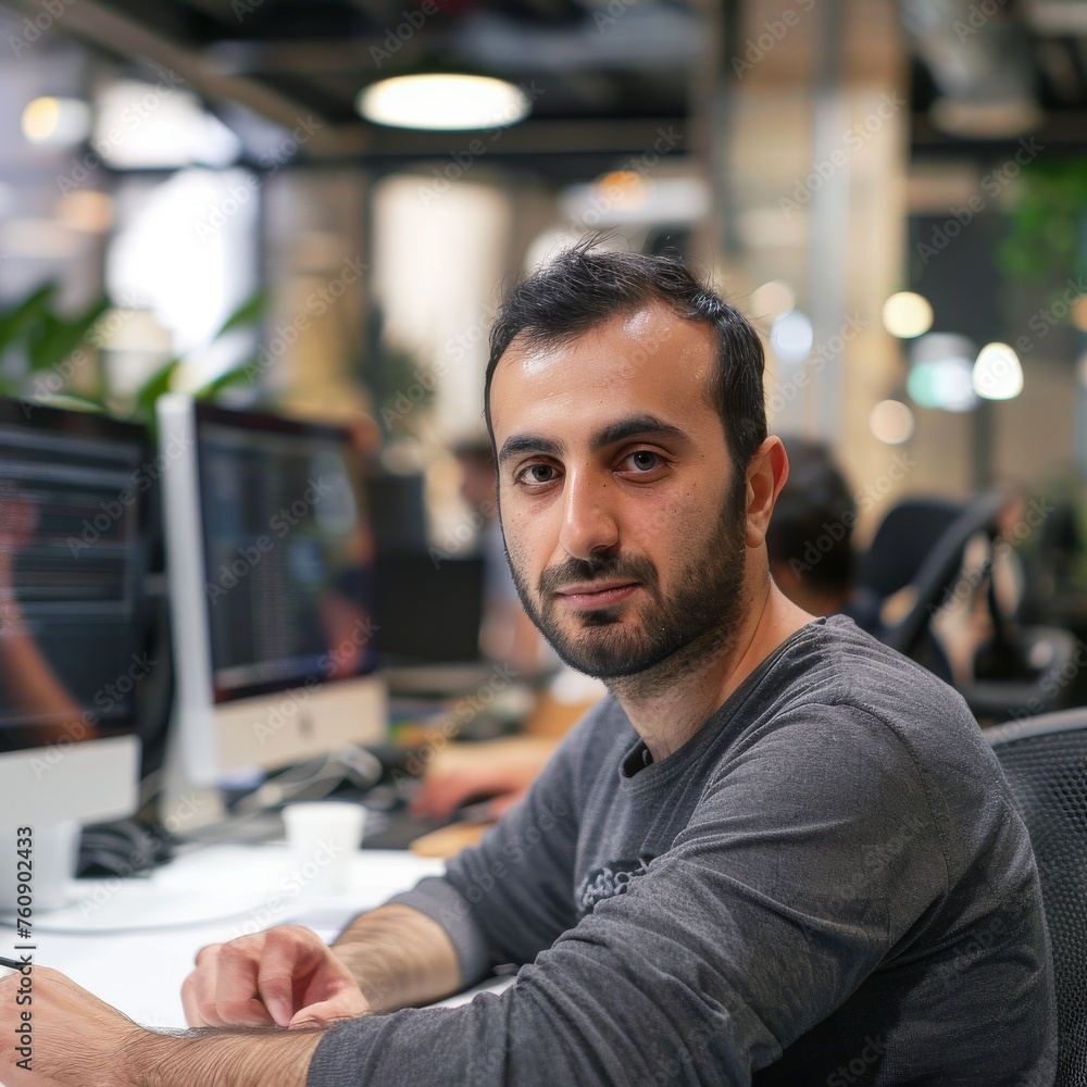 Obraz premium Man Sitting at Desk Working on Computer