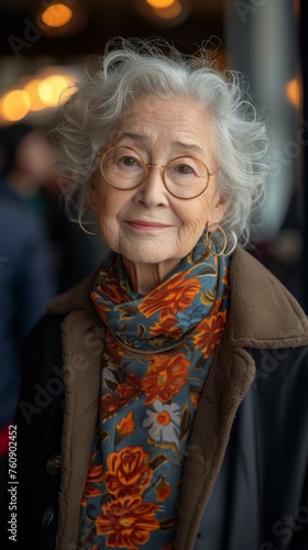 An older woman wearing glasses and a floral scarf. Generative AI.