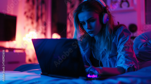 A teenager reclines on her bed, wearing headphones, using her laptop to enjoy music under dramatic and colorful lighting photo