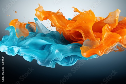 3d volumetric blue and orange paint explosion in air or liquid, isolated transparent png object