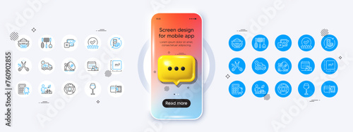 Phone mockup with 3d chat icon. Grill tools, Inflation and Square meter line icons. Pack of Payment methods, Cyber attack, Rating stars icon. Vector