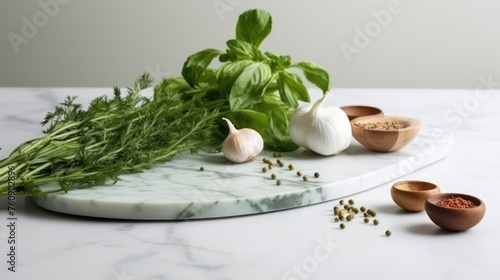 Wallpaper Mural Spices. Photo of fresh herbs. Assortment of fresh and dried seasonings and herbs on a marble background. Torontodigital.ca