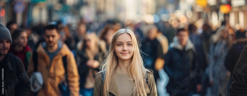 Fototapeta premium portrait of a girl in a crowd of people panorama