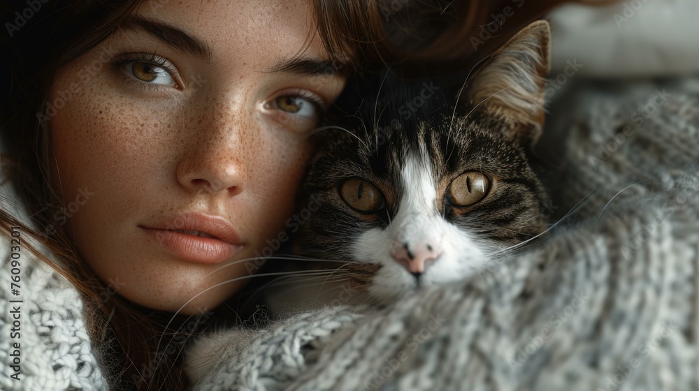 A woman laying on a bed with a cat on her chest. Generative AI. A woman laying on a bed with a cat on her chest. Generative AI.