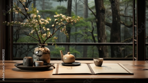 Wooden Table With Vase of Flowers