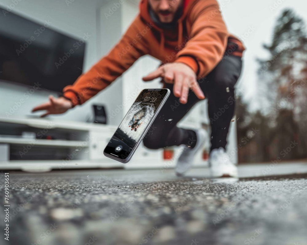 custom made wallpaper toronto digitalA man jumps to catch a falling phone Generative AI.