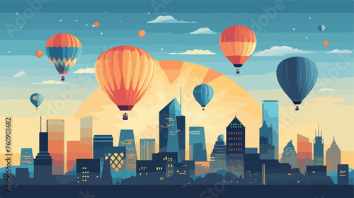 Colorful hot air balloons floating above a city sky