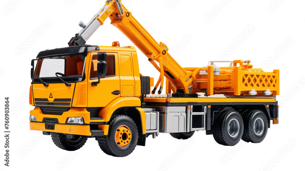 A yellow truck equipped with a crane on the back, ready for heavy lifting on a construction site
