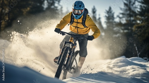 Man Riding Bike Down Snowy Slope