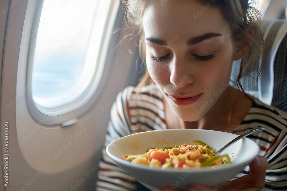 Joyful woman relishes her meal on a flight Joyful woman relishes her meal on a flight