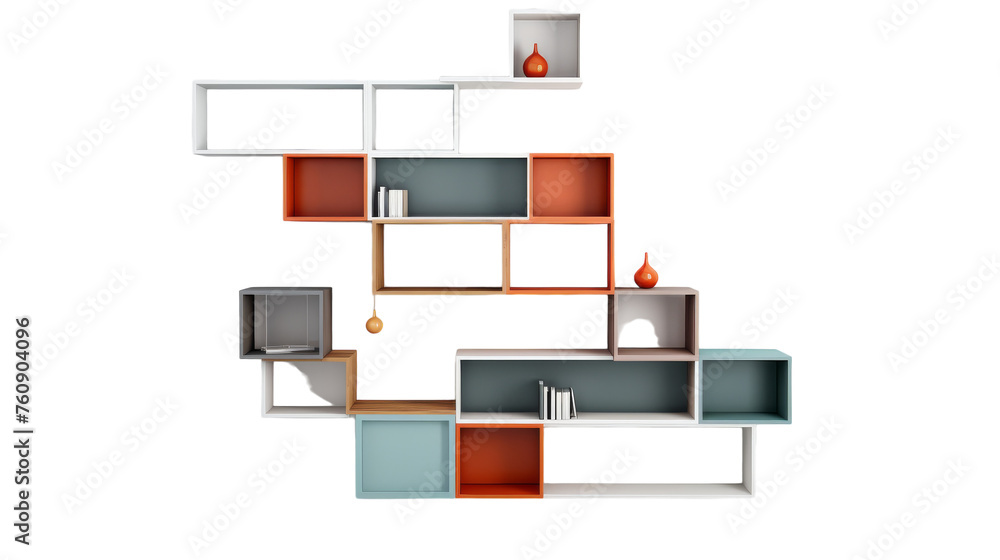 A book shelf with vividly colored shelves holding various books A book shelf with vividly colored shelves holding various books