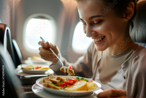 Joyful woman relishes her meal on a flight photo