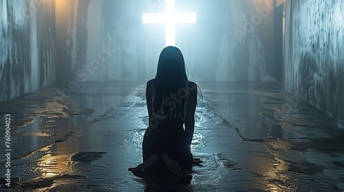 woman alone in a dark room is praying in front of a cross photo