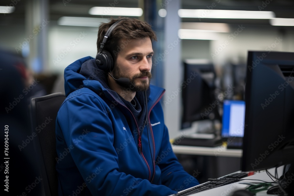 Man Wearing Headphones Working at Computer Man Wearing Headphones Working at Computer