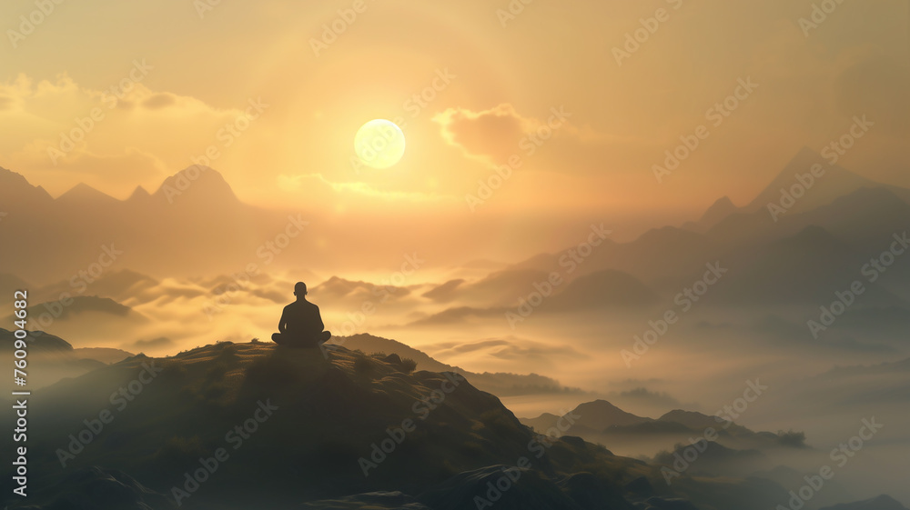 A man meditating on the mountain by during sunrise