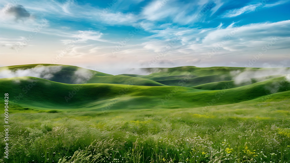 Fototapeta premium Spring in the meadow with green and fresh grass, accompanied by beautiful clouds.