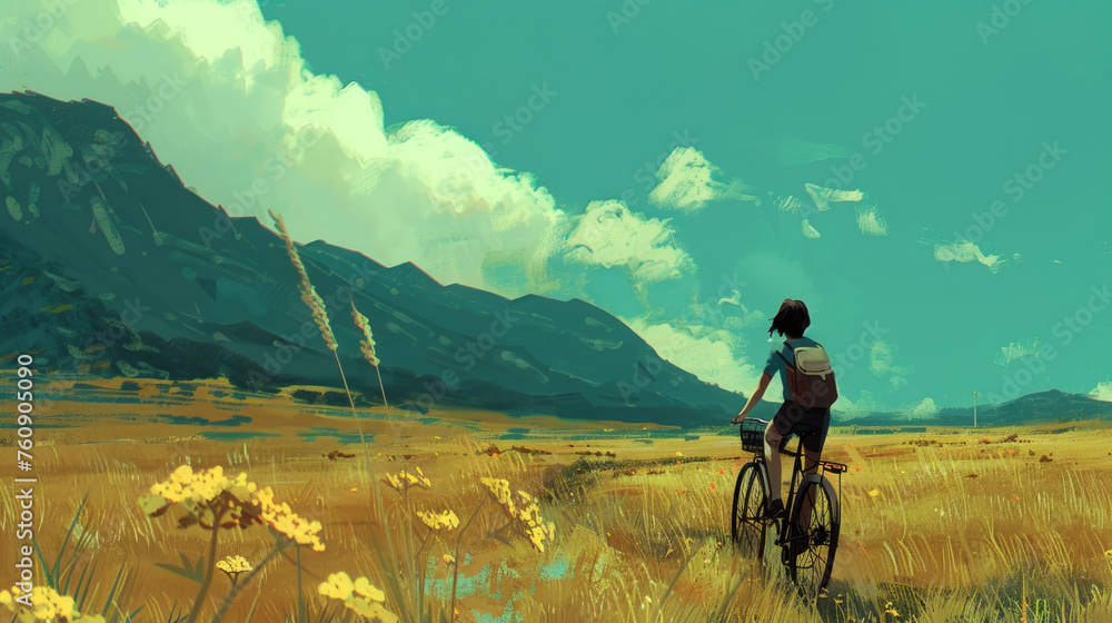 Obraz premium A painting depicting a person energetically riding a bike in a vast field under a clear sky