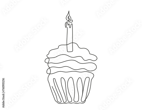 Continuous one line drawing of birthday cupcake with a lit candle. Minimalist festive dessert. Vector isolated on white. Design element for invitation, print, greeting, scrapbooking.