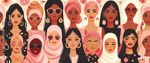 A diverse group of women wearing headscarves and sunglasses are gathered together, likely for an event, celebration, or protest