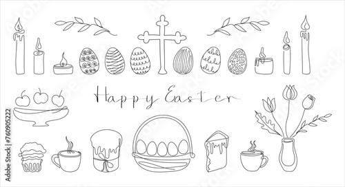 Easter Set in continuous one line style with design elements like Easter cakes, eggs, candles, cross, mugs, flowers, cupcake. Black and white vector. Clipart. Easter card with Happy Easter greeting