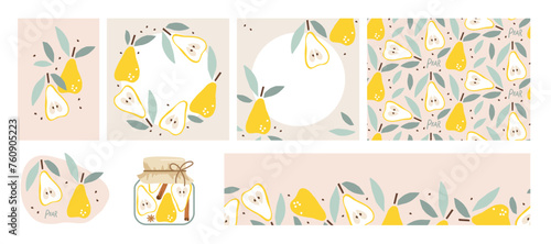 Pear card set. Seasonal fruit border, seamless pattern. Summer tropical backgrounds with pears. Foliage and pears. Green spring garden. Templates for banners, flyers, brochures, invitations, covers.