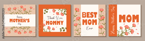 Mothers day editable templates for greeting cards, posters, invitations, social media. Vector illustration in hand drawn flat style with carnations in pink-red pallette and trendy typography.