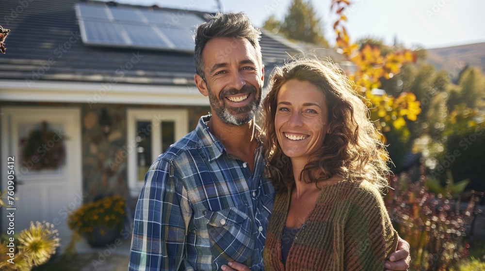Fototapeta premium man and woman couple in front of their home