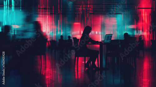 A lone individual is engaged on a laptop amidst a room bathed in neon blue and red lights with blurred figures in the background