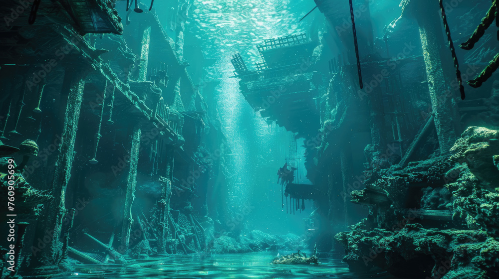 Sunbeams filter through the water illuminating the ruins of an ancient underwater cityscape, with buildings and structures engulfed by the sea
