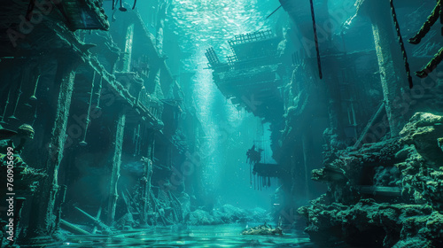 Sunbeams filter through the water illuminating the ruins of an ancient underwater cityscape, with buildings and structures engulfed by the sea photo