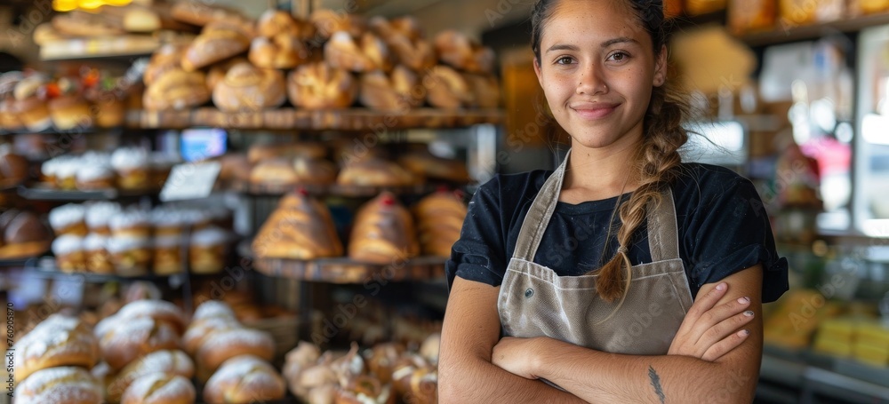 Woman Standing in Front of Display of Baked Goods Woman Standing in Front of Display of Baked Goods