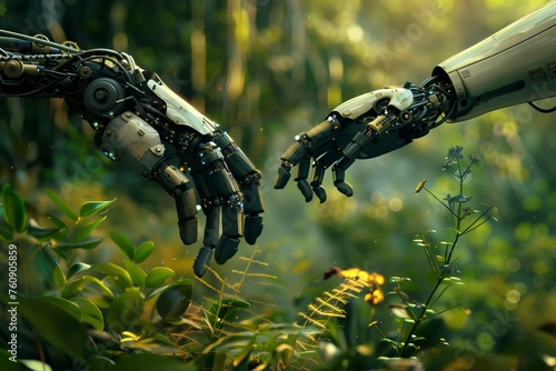 Robotic hand touching nature in forest photo