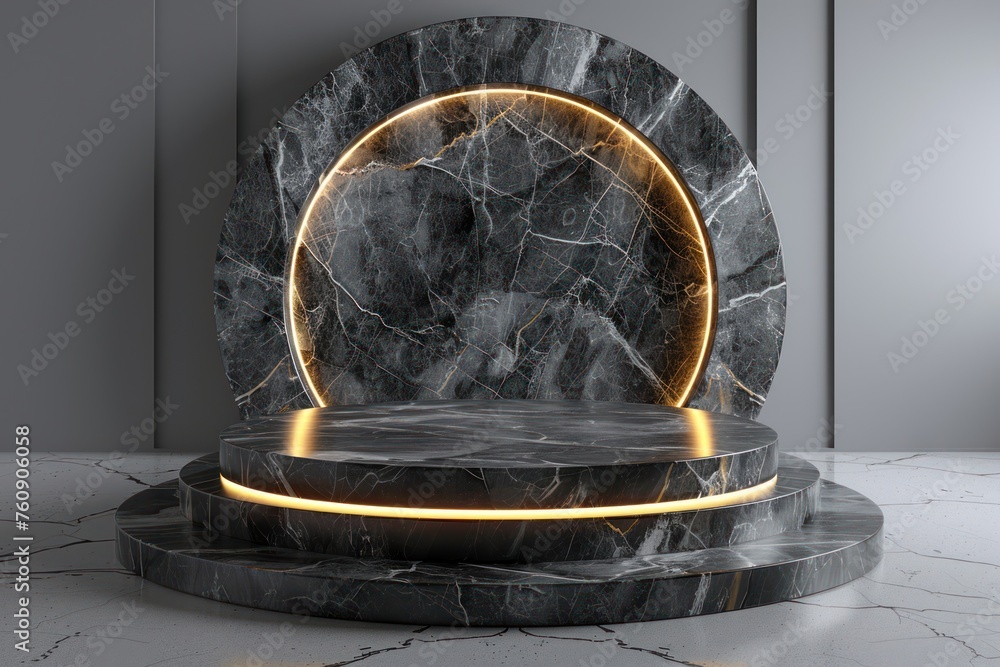3d product stage, podium, minimalistic, gray background with golden line light, round black marble platform for display, luxury style