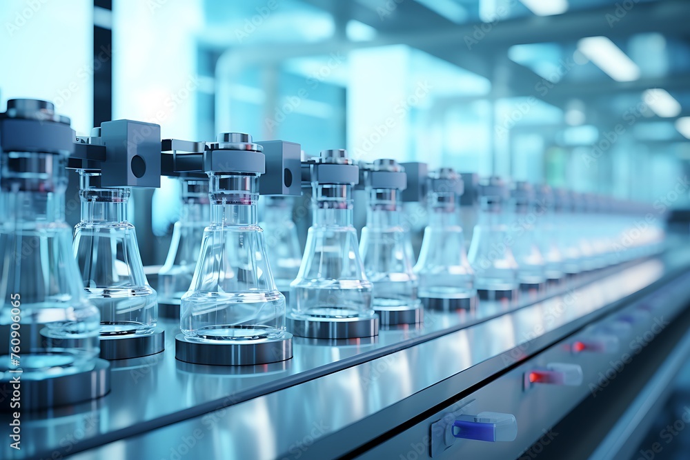 Laboratory glassware on the conveyor belt. 3d rendering Laboratory glassware on the conveyor belt. 3d rendering
