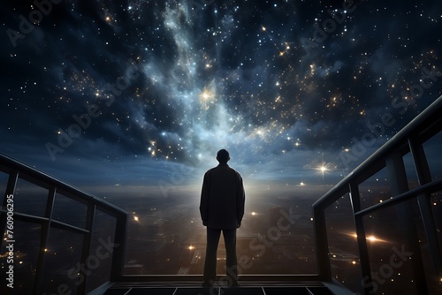 Silhouette of businessman looking at night sky with milky way