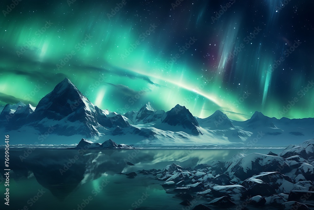 Northern lights over snowy mountains and lake. 3d render illustration.