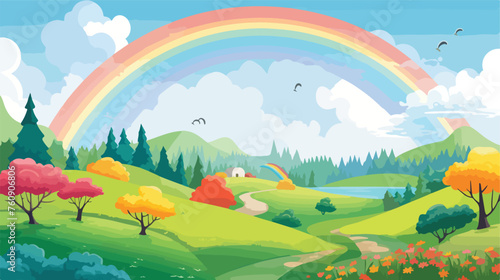 Colorful rainbow over a scenic countryside landscap