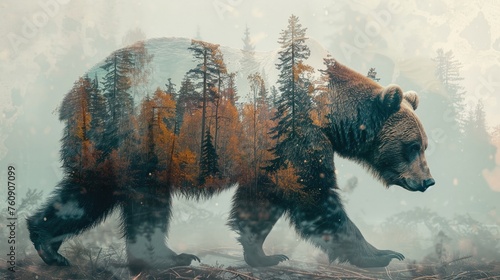 a creative double exposure image blending a bear with a tranquil forest landscape in a mystical foggy setting