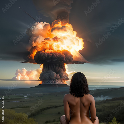 Indigenous woman looking at atomic explosion. Nuclear disaster concept. Created with Generative AI.
