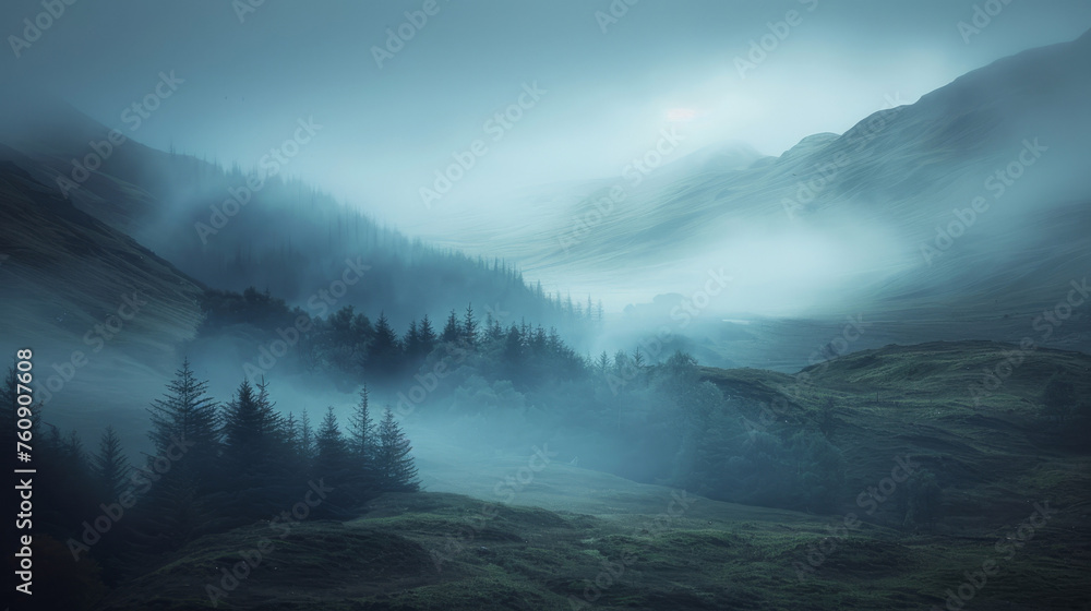 Mystical hills shrouded in blue mist with evergreen trees, creating a tranquil and ethereal landscape.
