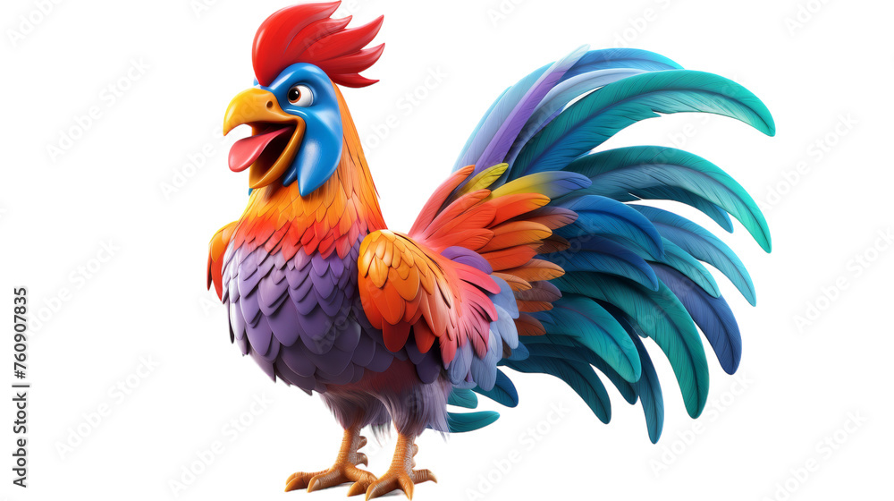 A colorful rooster stands gracefully on its hind legs, showcasing its vibrant feathers and elegant pose