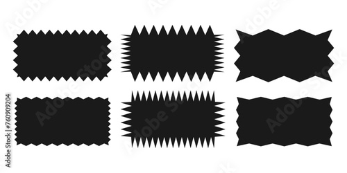 Jagged rectangle.A set of uneven zigzag rectangular shapes. Black color. Isolated elements for design of text box, button, badge, banner, tag, sticker, badge. Vector illustration.