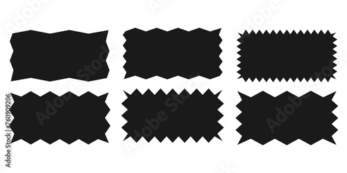 Zigzag rectangle.A set of uneven zigzag rectangular shapes. Black color. Isolated elements for design of text box, button, badge, banner, tag, sticker, badge. Vector illustration.